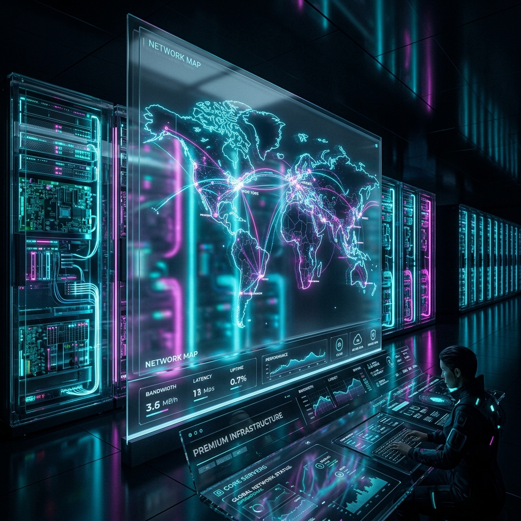 Rows of high-performance servers in a modern data center powering our network